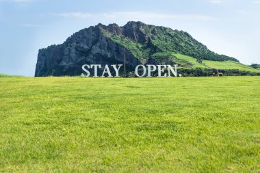 Çayır 'açık ' yanında kal volkan krater Ilchulbong arka plan, Seongsan, Jeju Adası, Güney Kore'de işaretiyle
