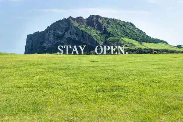 Çayır 'açık ' yanında kal volkan krater Ilchulbong arka plan, Seongsan, Jeju Adası, Güney Kore'de işaretiyle