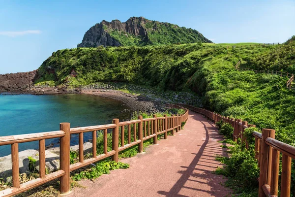 Plajı manzaralı okyanus üzerinde giden yolu ve ve yanardağ krater Ilchulbong, Seongsan, Jeju Adası, Güney Kore