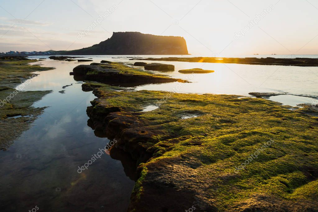 Sunrise at Ilchulbong volcano crater with view over ocean and green moss stones, Seongsan, Jeju Island, South Korea