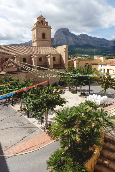 Main Square Colorful Flags Church Polop Marina Rocky Mountainrange Costa — Stock Photo, Image