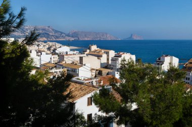 Okyanusa keskin çatıları olan köknar ağaçları ile Calpe, Altea, Costa Blanca, İspanya kayaları arasındaki güneşli beyaz evleri izleyin.