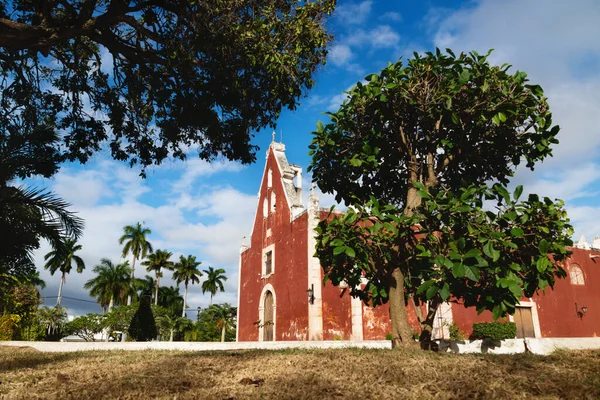 Červený Koloniální Kostel Itzimna Slunečném Parku Rámované Stromy Merida Yucatan — Stock fotografie