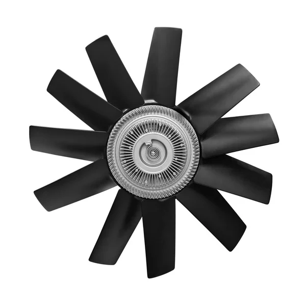 Car cooling fan with plastic blades radiator fan on white background. Car thermal clutch. radiator fan cooling on white background. Car truck details parts Car details parts.