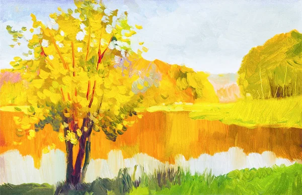 Oil painting colorful autumn trees. Semi abstract image of forest, aspen trees with yellow - red leaf and lake. Autumn, Fall season nature background. Hand Painted Impressionist, outdoor landscape