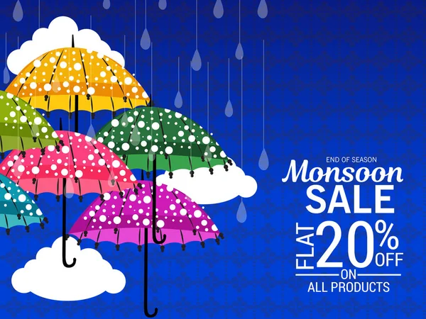 Illustration Vectorielle Une Bannière Vente Créative Pour Mousson Avec Parapluie — Image vectorielle