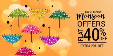 Muson sezonu ile renkli şemsiye, yağmur damlası, metin alanı arka plan için yaratıcı bir satışı büyük başlığı vektör çizim.