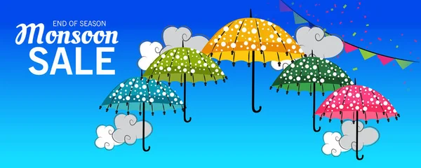 Illustration Vectorielle Une Bannière Vente Créative Pour Mousson Avec Parapluie — Image vectorielle