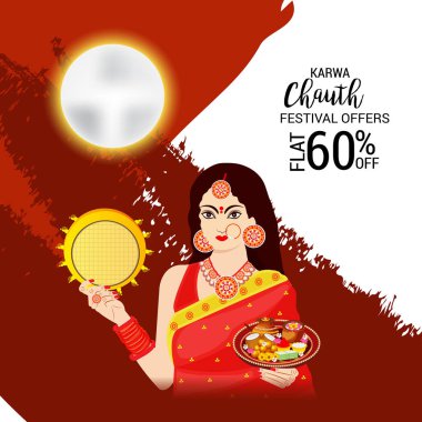 Karwa Chauth kutlama Hint Festivali için yaratıcı bir Banner vektör çizim.
