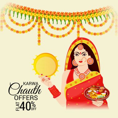 Karwa Chauth kutlama Hint Festivali için yaratıcı bir Banner vektör çizim.