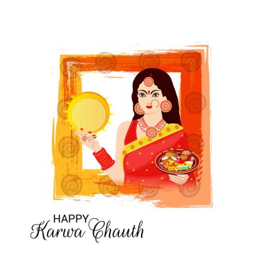Karwa Chauth kutlama Hint Festivali için yaratıcı bir Banner vektör çizim.