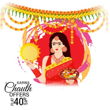 Karwa Chauth kutlama Hint Festivali için yaratıcı bir Banner vektör çizim.