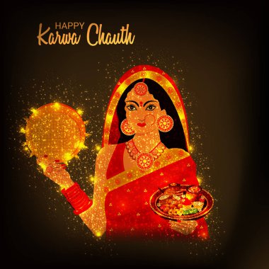 Karwa Chauth kutlama Hint Festivali için yaratıcı bir Banner vektör çizim.