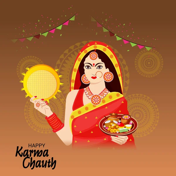 Karwa Chauth kutlama Hint Festivali için yaratıcı bir Banner vektör çizim.
