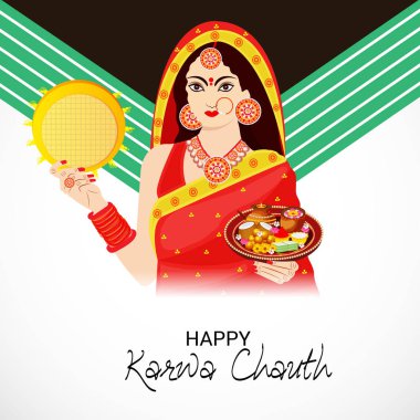 Karwa Chauth kutlama Hint Festivali için yaratıcı bir konsept arka plan vektör çizim.