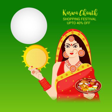 Karwa Chauth kutlama Hint Festivali için yaratıcı bir konsept arka plan vektör çizim.