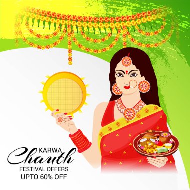 Karwa Chauth kutlama Hint Festivali için yaratıcı bir konsept arka plan vektör çizim.