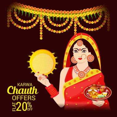 Karwa Chauth kutlama Hint Festivali için yaratıcı bir konsept arka plan vektör çizim.