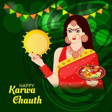 Karwa Chauth kutlama Hint Festivali için yaratıcı bir konsept arka plan vektör çizim.