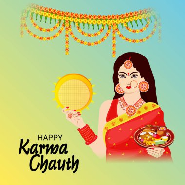 Karwa Chauth kutlama Hint Festivali için yaratıcı bir konsept arka plan vektör çizim.