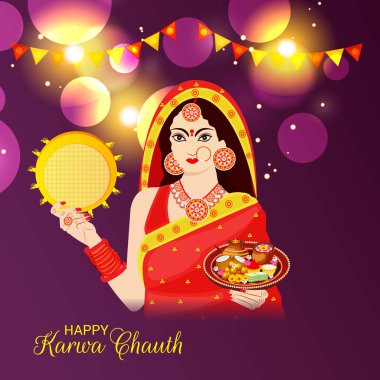 Karwa Chauth kutlama Hint Festivali için yaratıcı bir konsept arka plan vektör çizim.