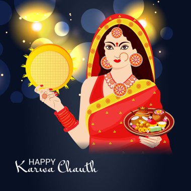 Karwa Chauth kutlama Hint Festivali için yaratıcı bir konsept arka plan vektör çizim.