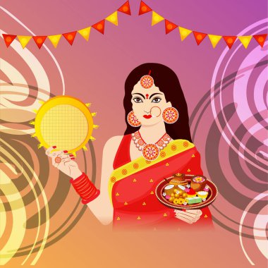 Karwa Chauth kutlama Hint Festivali için yaratıcı bir konsept arka plan vektör çizim.