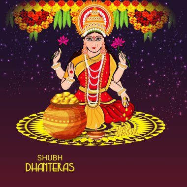 Güzel Poster veya başlık sayfası ile Tanrıça Maa Laxmi, Hint Dhanteras Festivali arka plan vektör çizim.