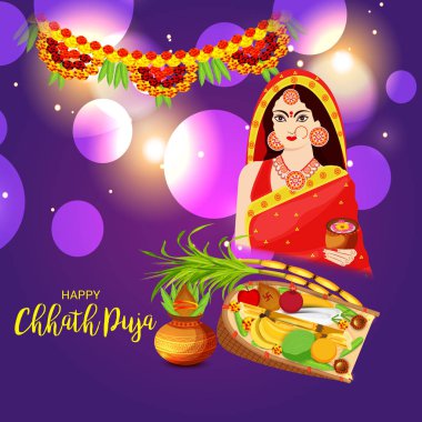 Mutlu Chhath Puja tatil arka plan vektör çizim Bihar Bayan Hindistan için Güneş Festivali için.