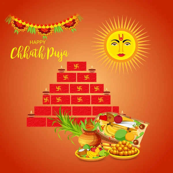 Illustrazione Vettoriale Happy Chhath Puja Holiday Background Sun Festival Donne — Vettoriale Stock