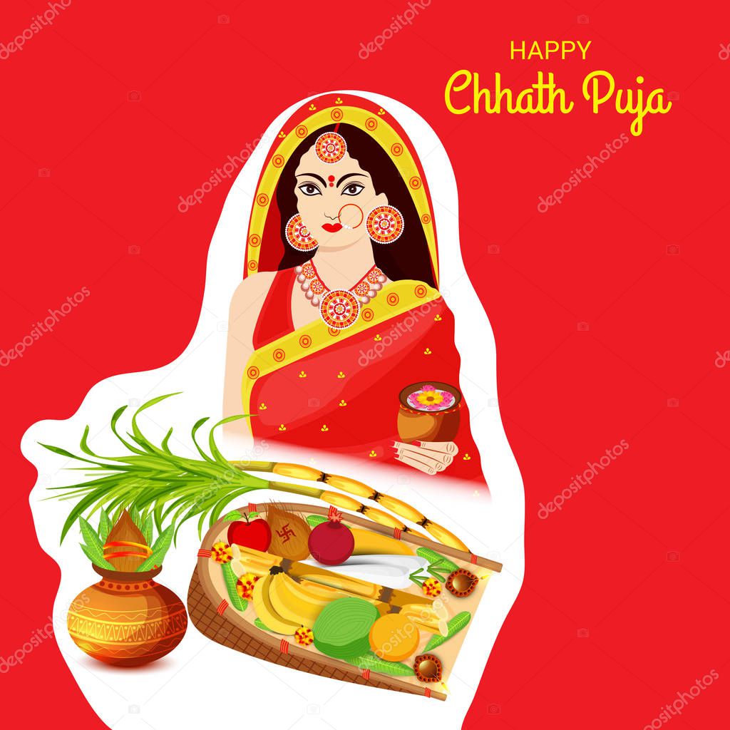 Vector illustration of Happy Chhath Puja Holiday Background for Sun Festival for Womens of Bihar India.