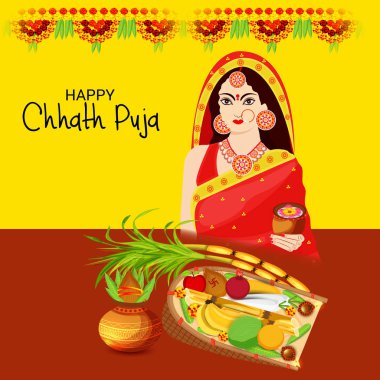 Mutlu Chhath Puja tatil arka plan vektör çizim Bihar Bayan Hindistan için Güneş Festivali için.