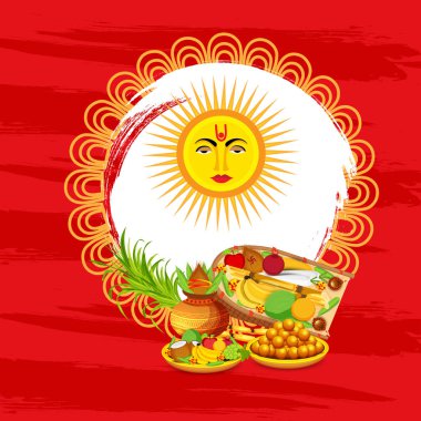 Mutlu Chhath Puja tatil arka plan vektör çizim Bihar Bayan Hindistan için Güneş Festivali için.