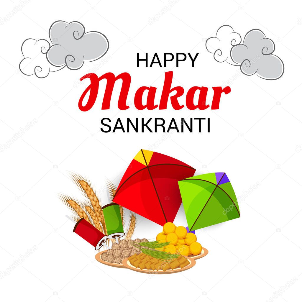 Vector illustration of a Background for Traditional Indian Festival Celebrate Makar Sankranti with Colorful Kites. 