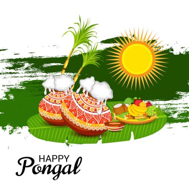 Tamil Nadu Güney Hindistan 'daki Mutlu Pongal Tatil Hasat Festivali için Vektör İllüstrasyonu.