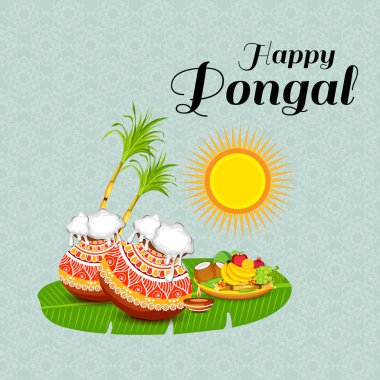 Tamil Nadu Güney Hindistan 'daki Mutlu Pongal Tatil Hasat Festivali için Vektör İllüstrasyonu.