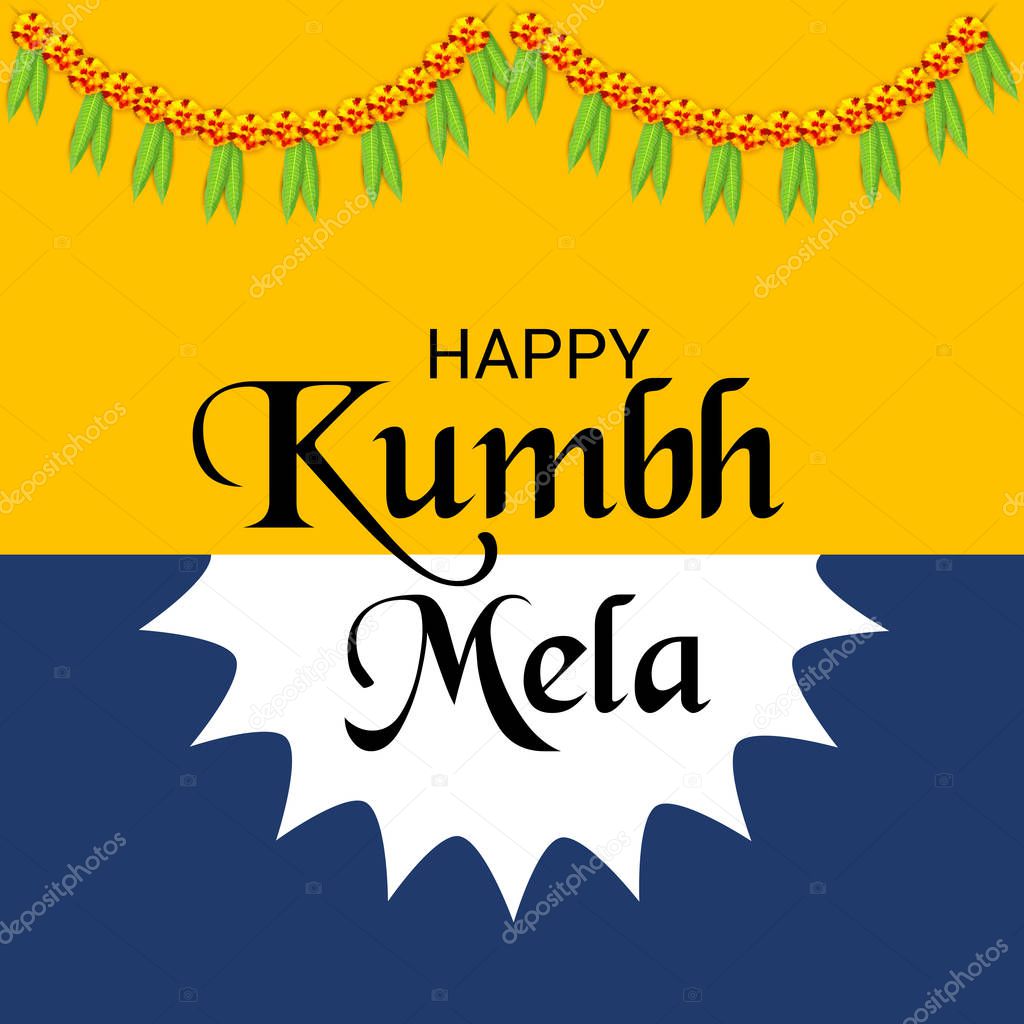 Vector illustration of a Background for Kumbh Mela Festival at Pryagraj in India with Hindi Text.