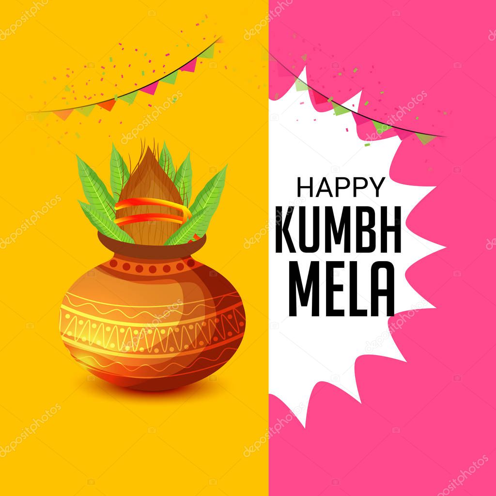 Vector illustration of a Background for Kumbh Mela Festival at Pryagraj in India with Hindi Text.