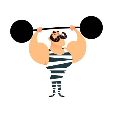 Komik karikatür sirk güçlü adam. Güçlü kas atlet halter kaldırıyor. Retro sporcu bıyıklı. Düz adam karakteri ağır metal barbell ile. Vücut geliştirmeci