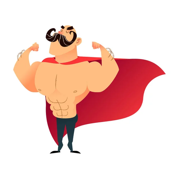 Starker Comic lustiger Superheld. Macht Superhelden Mann mit Umhang. flacher Athletencharakter. muskulöser, brutaler athletischer Typ mit Schnurrbart. Starker Mann zeigt stolz seine Muskeln in starken Armen. — Stockfoto