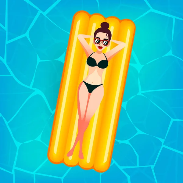 Cartoon sweet girl in sun glasses is floating on an inflatable mattress in the pool at private villa. Young woman enjoying suntan. Flat lady in bikini on the pink air mattress. Vacation or summer