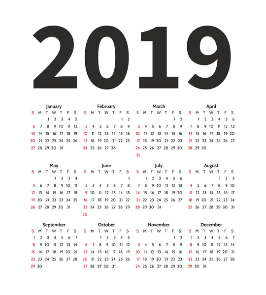 Kalender 2019 jaar vector ontwerpsjabloon. Eenvoudige minimalizm stijl. Week begint zondag. Staand. Set van 12 maanden. — Stockvector