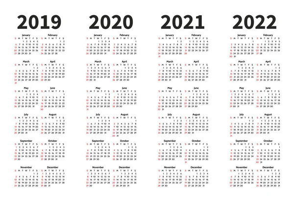 Календарь 2019, 2020, 2021 и 2022 года шаблон векторного дизайна. Простой минимализм. Неделя начинается в воскресенье. Ориентация на портрет. Комплект из 12 месяцев . — стоковый вектор