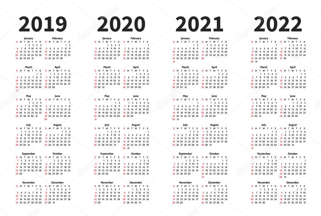 Calendar 2019, 2020, 2021 and 2022 year vector design template. Simple minimalizm style. Week starts from Sunday. Portrait Orientation. Set of 12 Months.