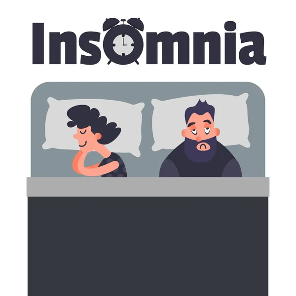 Безсонне концептуальне мистецтво Insomnia. Втомлений чоловік на ліжку не може спати. Стрес чоловічий характер. Напис "Безсоння". Щаслива дружина спить поруч з невинним чоловіком — стоковий вектор