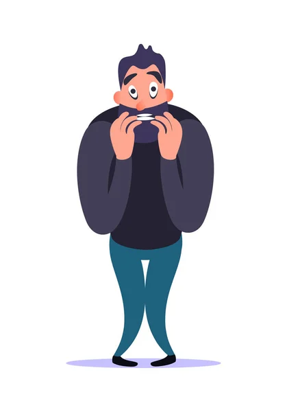 Stresující nervózní vousatý kreslený muž kouše nehty se strach a obavy, ukazuje jeho úzkostné poruchy. Duševní nemocné pojetí. Mužskou roli napětí a strach. Problémy psychologie. — Stockový vektor