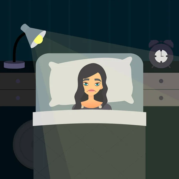 Sömnlösa sömnlöshet Begreppskonst. Trött kvinna på sängen kan inte sova. Stress kvinnlig karaktär. Insomnious tecknad flicka — Stock vektor