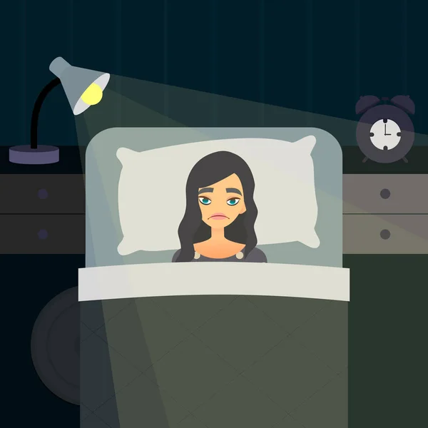 Insomnio sin dormir concepto de arte. Mujer cansada en la cama no puede dormir. Estrés personaje femenino. Chica de dibujos animados insomne — Vector de stock