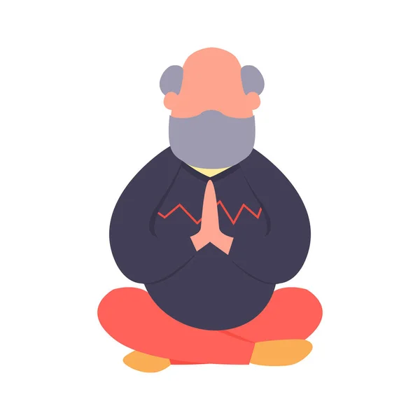 Hombre mayor meditando en una pose de loto. Simple personaje de hombre viejo plano vector. Práctica holística de yoga para personas mayores. concepto de estilo de vida saludable . — Vector de stock