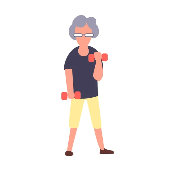 Treinamento de mulher fitness sênior com halteres. Recreação e lazer conceito de atividades seniores. Desenhos animados personagem vetor feminino idoso . — Vetor de Stock